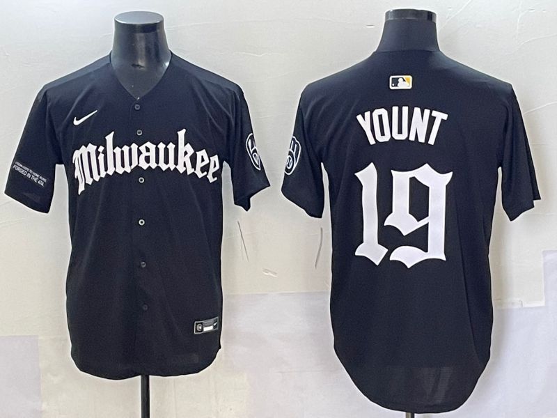 Men 2025 Milwaukee Brewers #19 Yount Black Five generations Joint Name Nike MLB Jersey style 1->milwaukee brewers->MLB Jersey